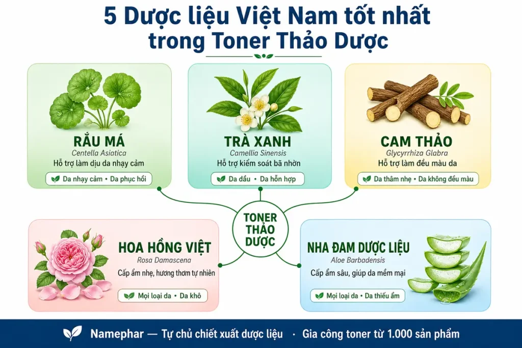 5 dược liệu Việt Nam tốt nhất trong toner thảo dược rau má trà xanh cam thảo