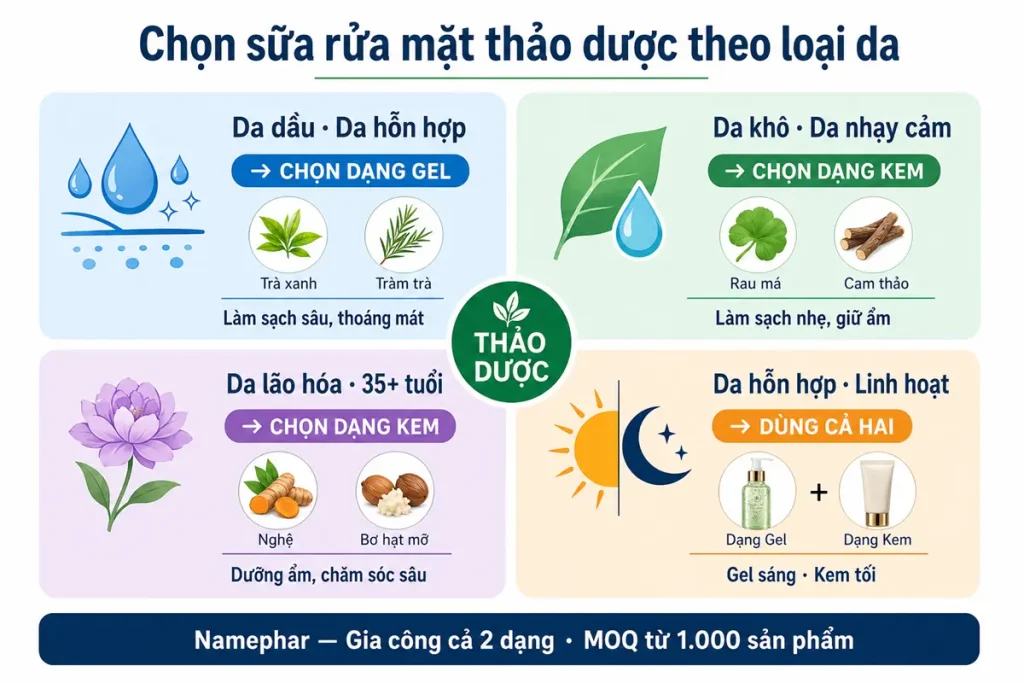 chọn sữa rửa mặt thảo dược dạng gel hay kem theo loại da