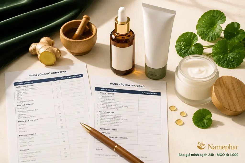 formulation sheet báo giá gia công mỹ phẩm thảo dược minh bạch namephar