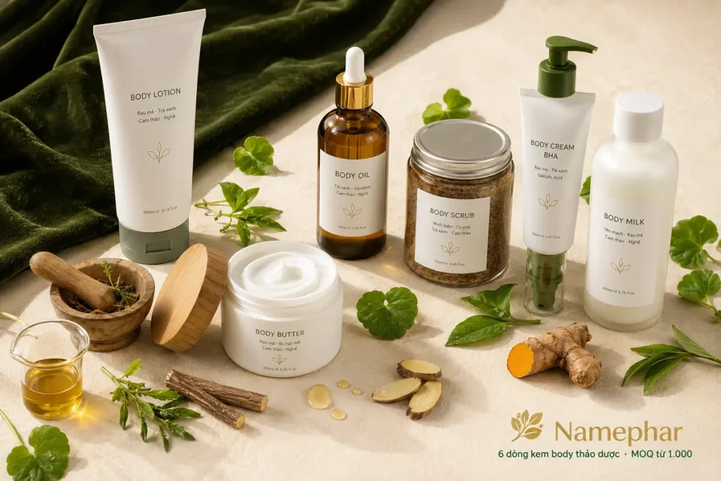 namephar gia công kem body thảo dược 6 dòng sản phẩm thương hiệu riêng moq 1000