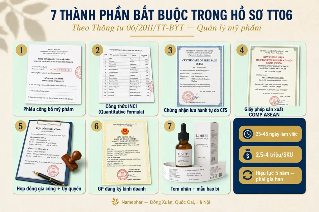 7 thành phần hồ sơ công bố mỹ phẩm Thông tư 06/2011/TT-BYT namephar quy trình