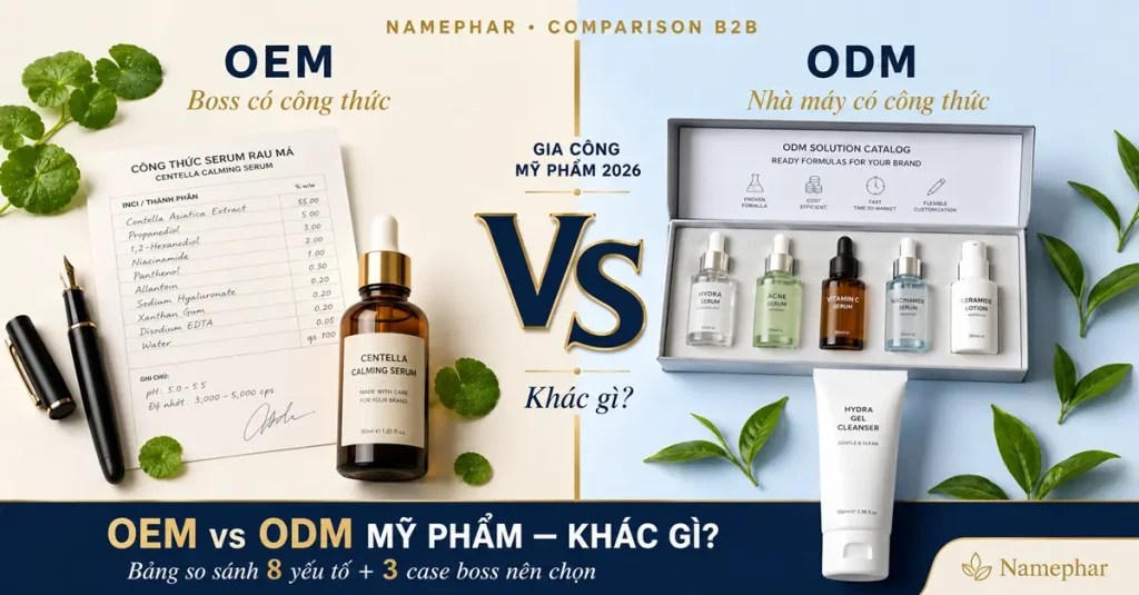 OEM vs ODM mỹ phẩm khác gì so sánh mô hình gia công boss B2B 2026 namephar