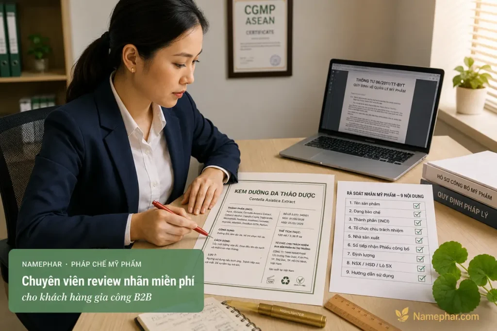Chuyên viên pháp chế Namephar review nhãn mỹ phẩm cho khách hàng B2B trước khi in hàng loạt