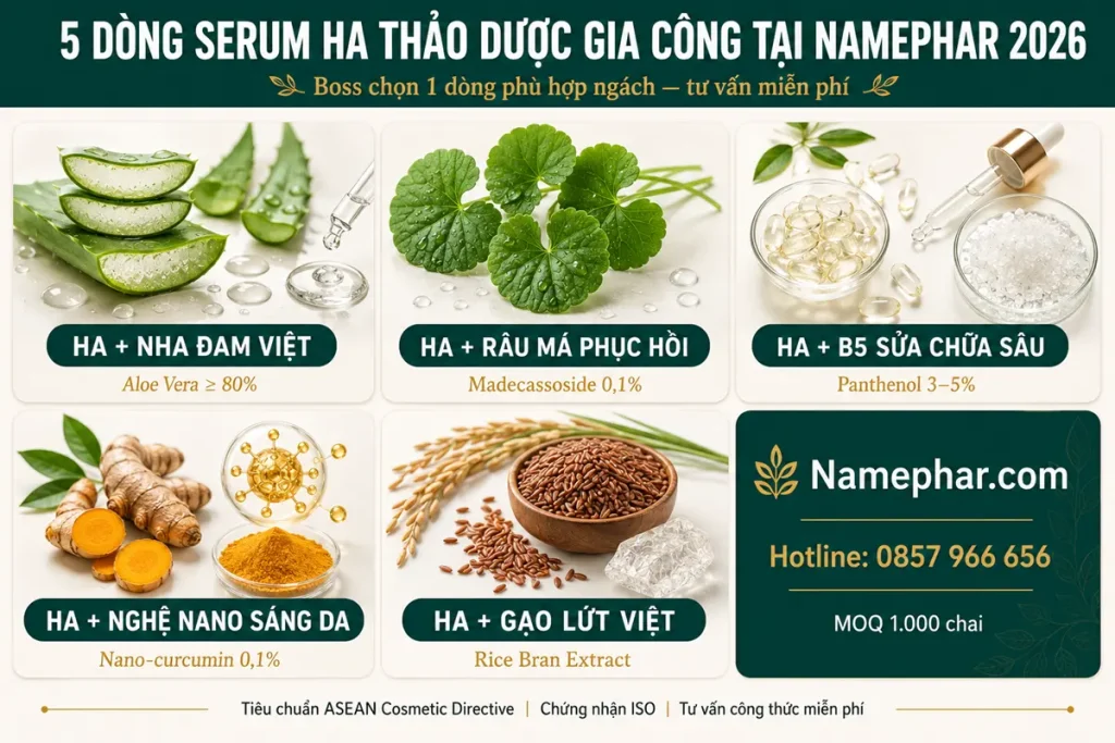 5 dòng serum dưỡng ẩm HA thảo dược boss có thể gia công 2026 — HA nha đam, rau má, B5, nghệ nano, gạo lứt tại Namephar