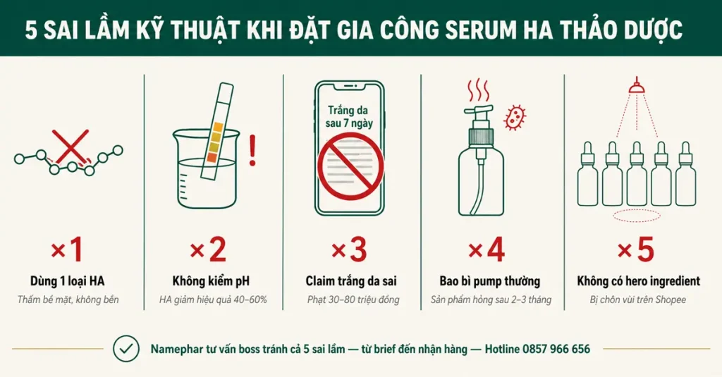 5 sai lầm kỹ thuật khi đặt gia công serum HA thảo dược — MW sai, pH sai, claim trắng da sai, bao bì pump, thiếu hero ingredient