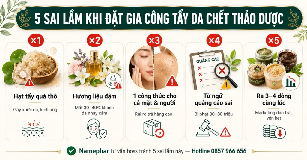 5 sai lầm boss hay mắc khi đặt gia công tẩy da chết thảo dược — hạt thô, hương liệu, công thức mặt/body, quảng cáo sai, ra nhiều dòng cùng lúc