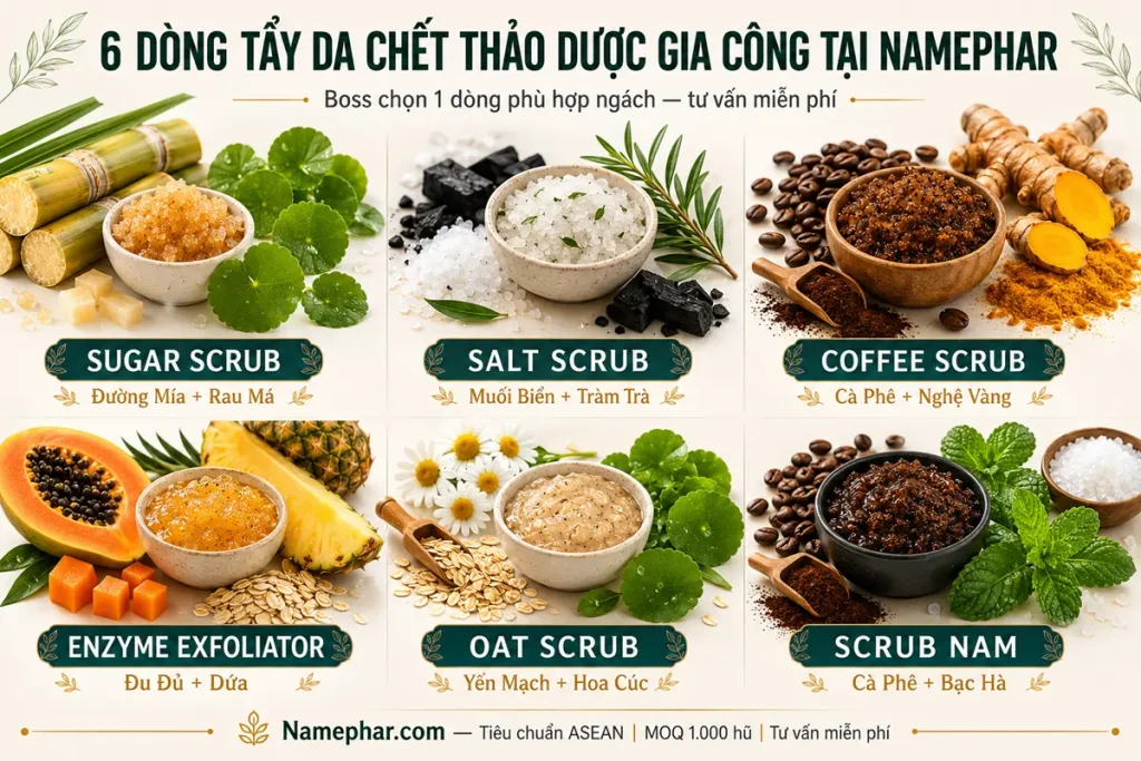 6 dòng tẩy da chết thảo dược boss có thể gia công 2026 — Sugar Scrub, Coffee Scrub, Enzyme Exfoliator, Oat Scrub, Scrub nam tại Namephar
