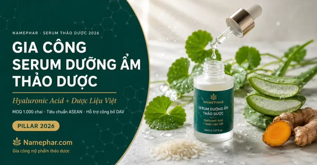 Gia công serum dưỡng ẩm thảo dược 2026 — 5 dòng Hyaluronic Acid kết hợp dược liệu Việt tại nhà máy tiêu chuẩn ASEAN Namephar
