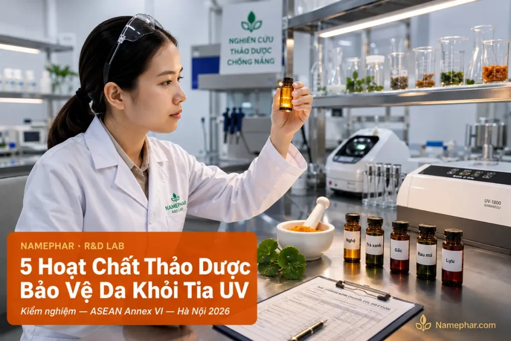 Chuyên viên R&D Namephar kiểm tra hoạt chất curcumin và trà xanh trong phòng lab — hoạt chất thảo dược chống nắng tự nhiên