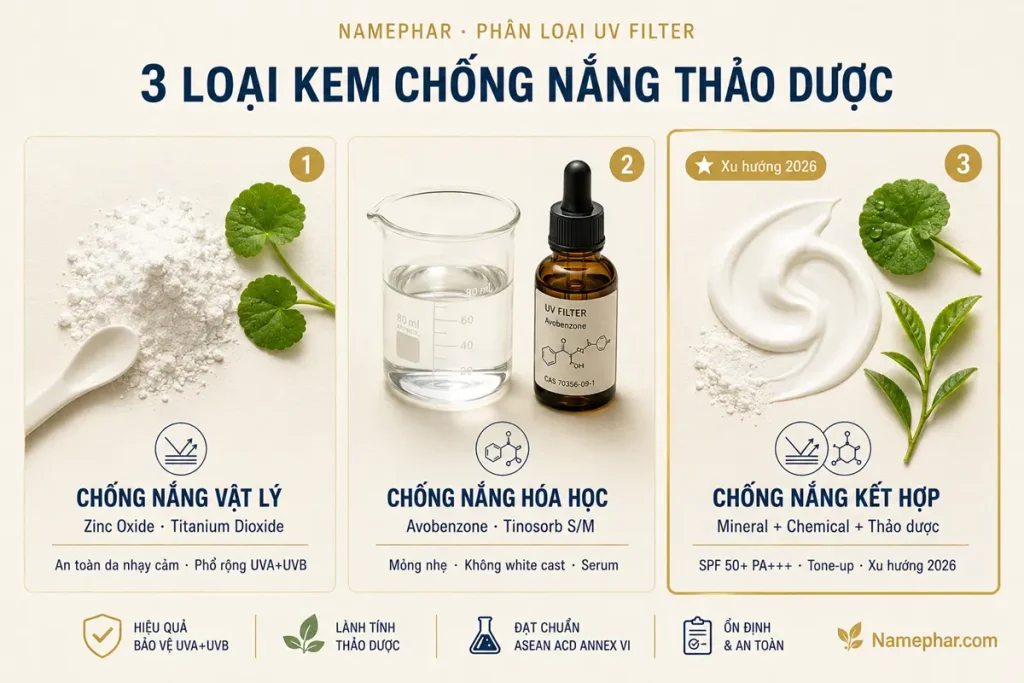 So sánh 3 loại UV filter trong kem chống nắng thảo dược: chống nắng vật lý (Zinc Oxide), hóa học (Tinosorb) và kết hợp Hybrid — theo Annex VI ASEAN