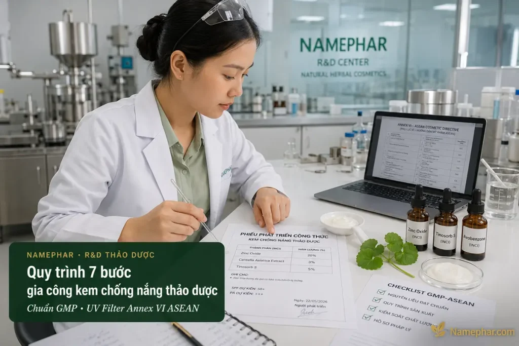 Chuyên viên R&D Namephar kiểm tra công thức gia công kem chống nắng thảo dược trong phòng lab chuẩn tại Hà Nội