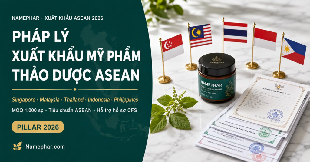 Xuất khẩu mỹ phẩm thảo dược sang ASEAN 2026 — điều kiện pháp lý Singapore HSA, Malaysia NPRA, Indonesia BPOM, Thailand FDA, Philippines FDA